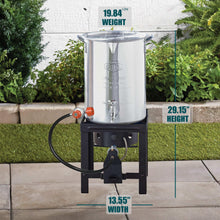 Turkey fryer pot with spigot on black stand, with attached hose and regulator