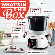 Programmable slow cooker cutaway highlighting ceramic pot, handles, and touchscreen display