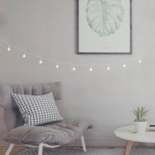 LED globe string lights with warm white glowing globe bulbs on wire