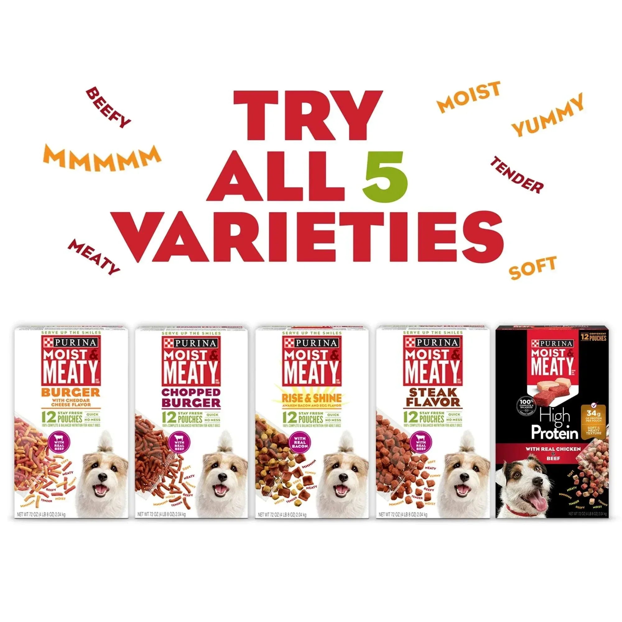 Purina Moist & Meaty Dry Dog Food, Soft Beef Burger with Cheddar Cheese, 6 oz Per Pouch