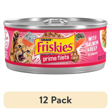Wet cat food can with prime fillets in sauce, salmon and beef flavor, 12-pack