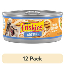 Wet cat food can, Purina Friskies Shreds with chicken in gravy, 12 pack.