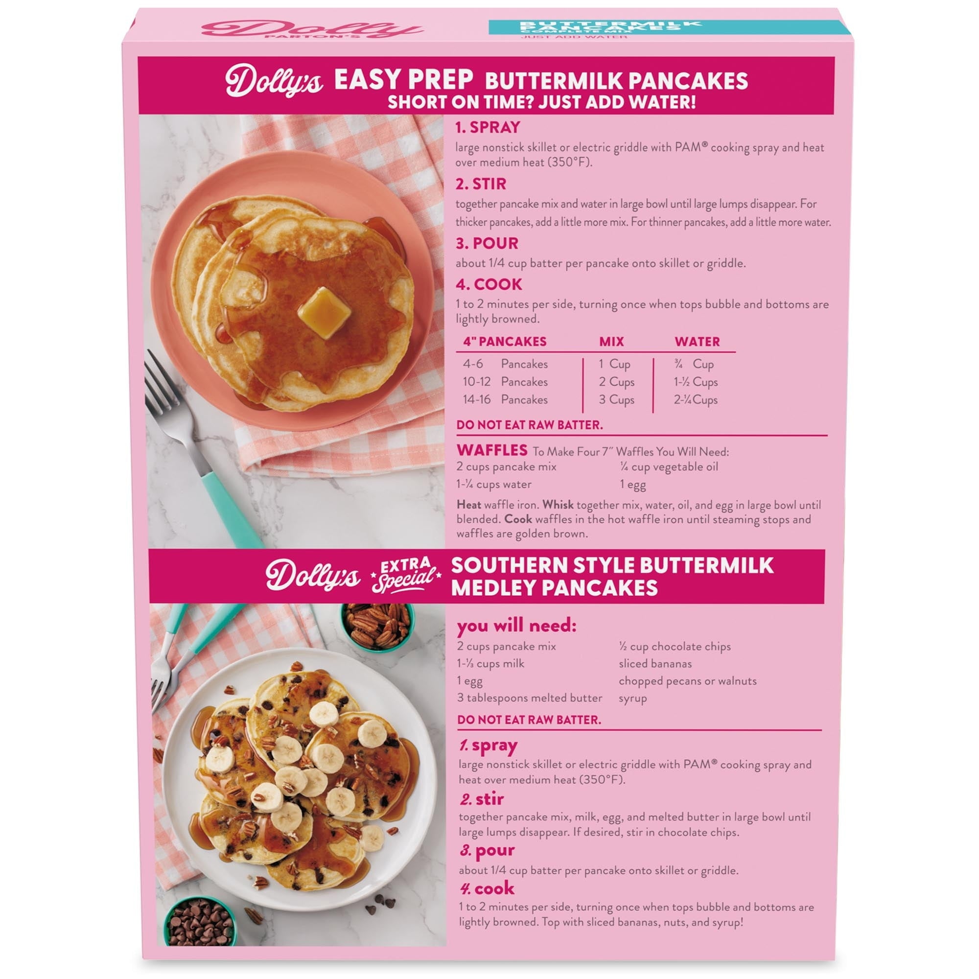 Back panel of buttermilk pancake mix box with easy-prep cooking instructions