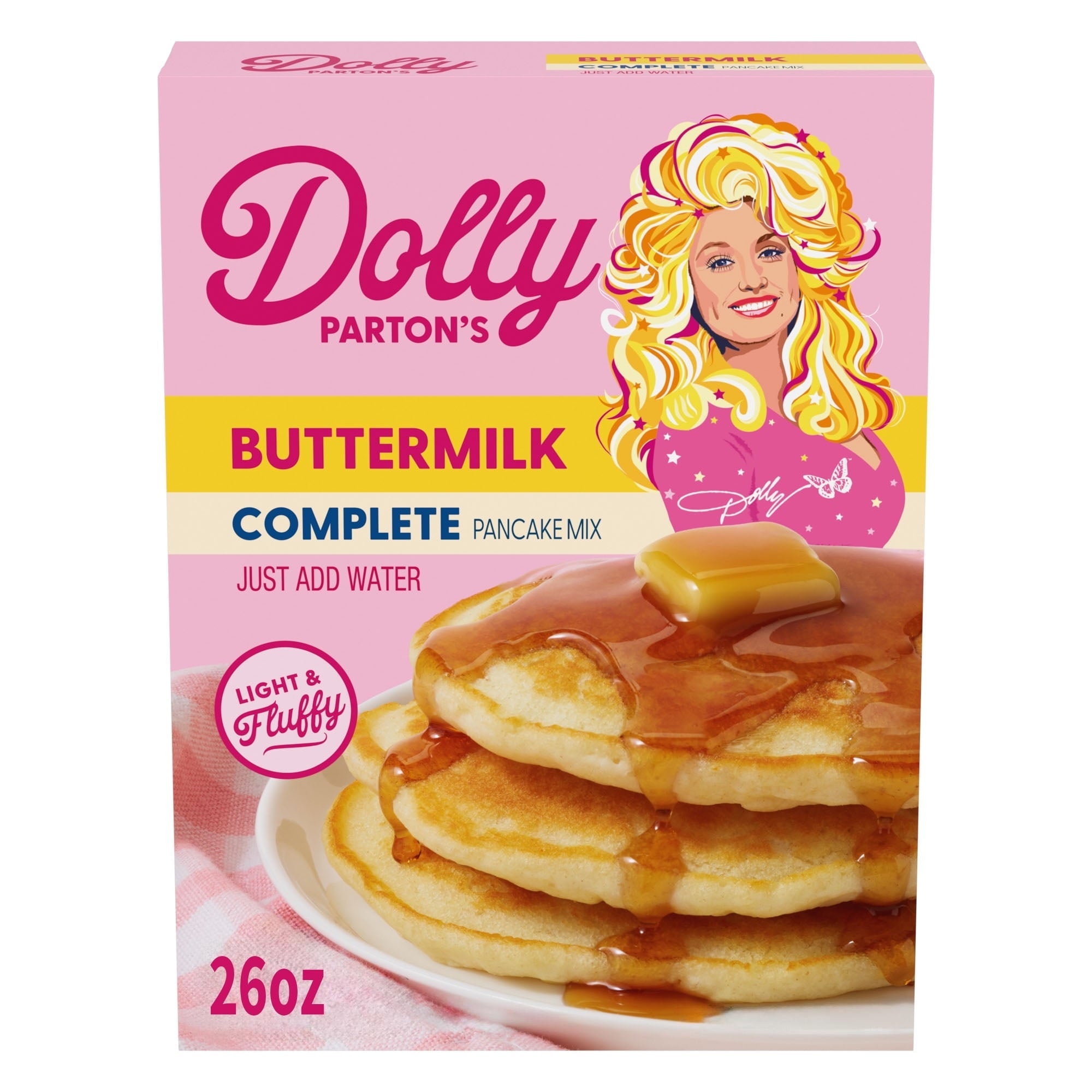 Buttermilk pancake mix box labeled Light & Fluffy, Just Add Water, 26 oz