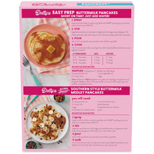 Back panel of buttermilk pancake mix box with easy-prep cooking instructions