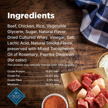 Dog treat ingredients panel with beef, chicken, rice, vinegar, natural smoke flavor