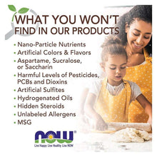 Product warning panel with bullet list and NOW logo