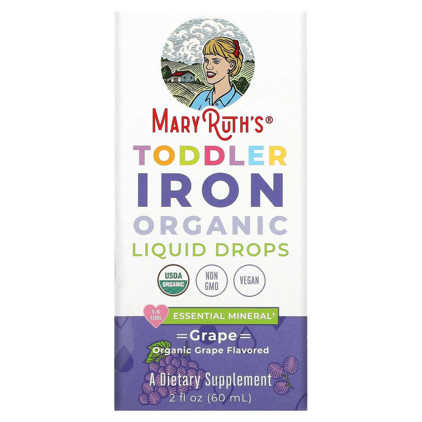 MaryRuth's, Toddler Iron Organic Liquid Drops, 1-3 Years, Grape, 3.5 mg, 2 fl oz (60 ml) - USA MEGA SHOP