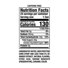 Nutrition Facts panel: caffeine-free ginger ale, 130 calories, 24 servings per container
