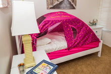 Pink child bed tent with arched top and star pattern, open front tent over twin bed
