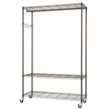 Bronze rolling garment rack with two wire shelves and hanging bar, casters included