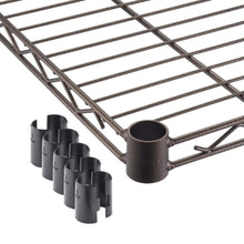 Bronze wire shelf end with black plastic sleeves/feet for rolling garment rack