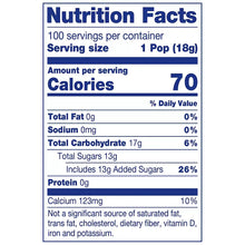 Nutrition Facts label for 1 pop (18g), showing 70 calories and 0g fat