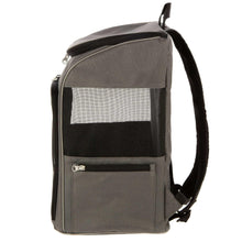 Gray pet travel backpack with front mesh panel and lower side pocket
