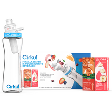 Cirkul clear water bottle with blue lid and two flavor cartridge packs