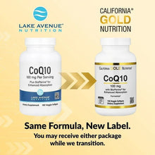 CoQ10 supplement bottles, two front label versions shown side by side.