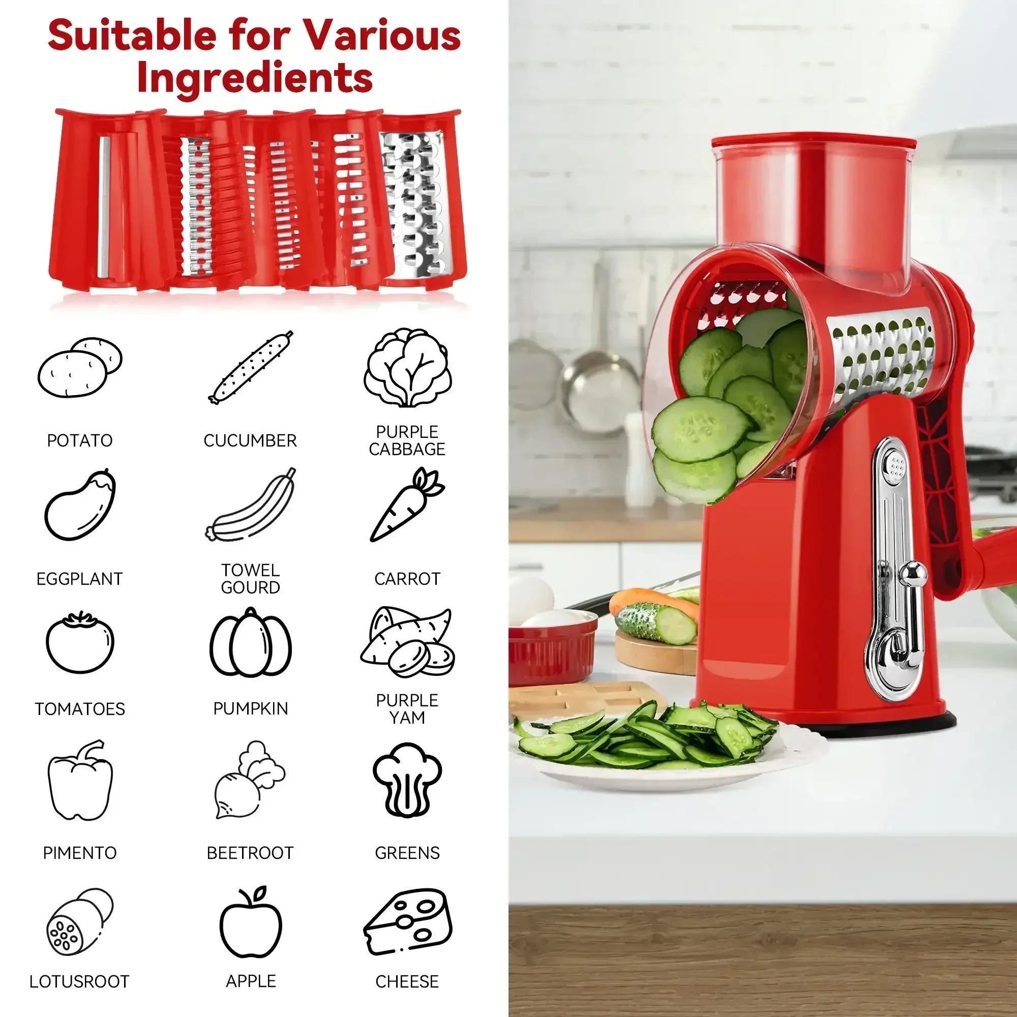Pukomc Rotary Cheese Grater with Handle- 5 Blades, Suction Base, Mandoline Slicer & Veg Shredder with Blade Storage Box