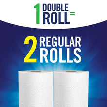 Two white paper towel rolls labeled regular, with text for double roll count.