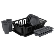 Black 12-piece kitchen set with stacked tumbler cups, bowl, and tray rack components