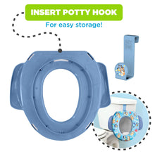 Blue potty training seat with built-in hanging hook for storage and round insert