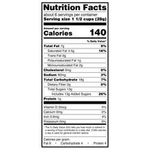 Nutrition Facts label showing 140 calories for serving size 1 1/2 cups