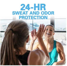 Antiperspirant deodorant ad with two people, 24-hr sweat and odor protection