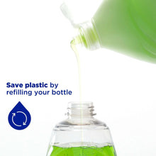 Refillable liquid soap bottle with green soap being poured, save plastic icon