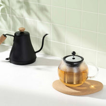 Electric gooseneck kettle, matte black with cork lid and curved gooseneck spout