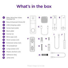 Box contents diagram listing parts for a wire-free video doorbell and chime