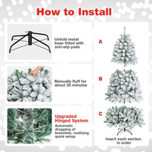 Snow flocked artificial Christmas tree with hinged sections on a stand