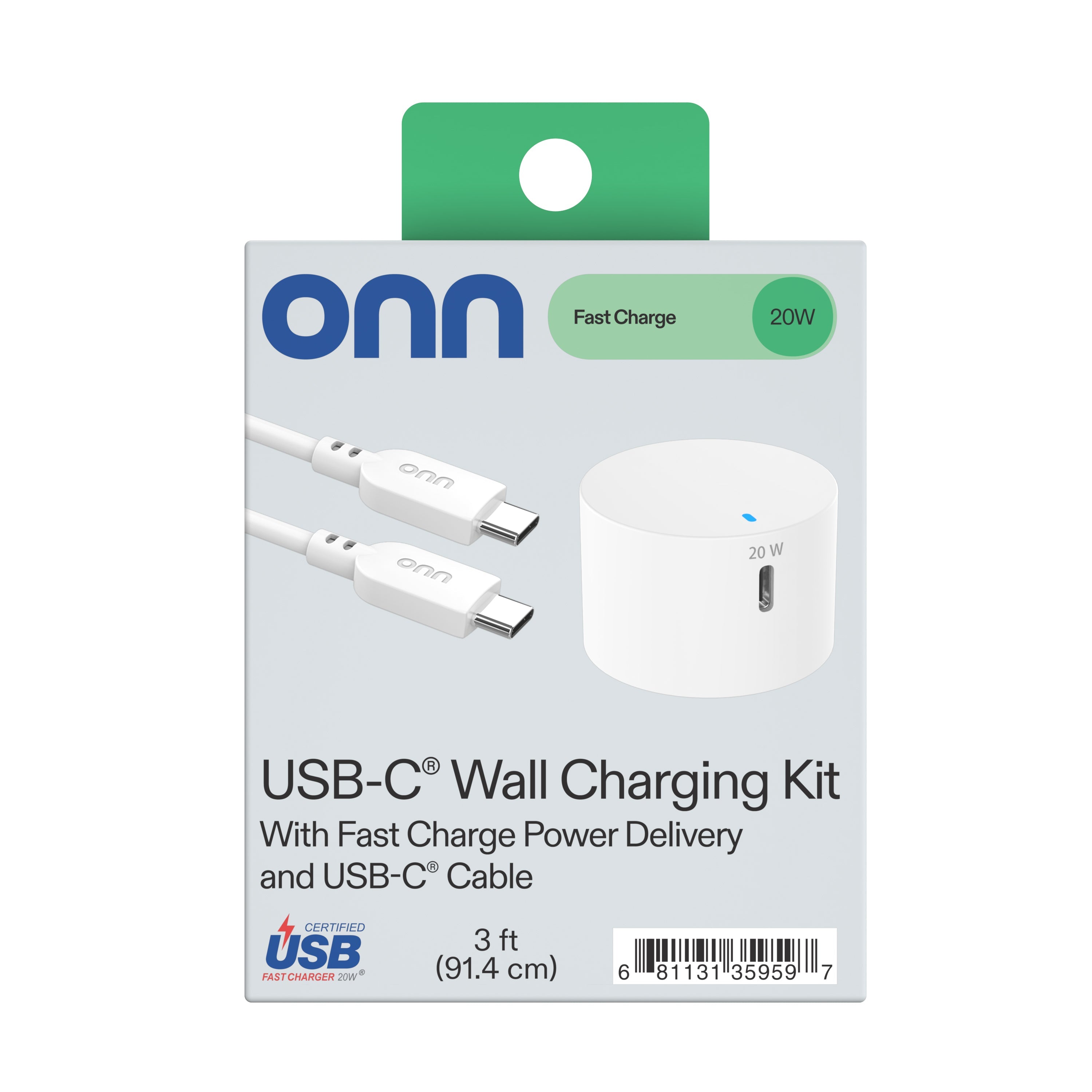 onn 20W Single USB-C Port Wall Charger with 3ft C-C Cable, Fast Charging, USB-IF Certified,Foldable Plug, White - Compatible with iPhone 17/16/15 Series, Galaxy, Note, Pixel, iPad Pro, & More