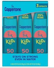 Coppertone Kids sunscreen spray 3-pack, SPF 50 bottles, teal labels