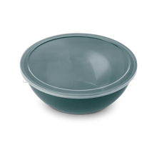 Teal mixing bowl with clear lid, rounded rim