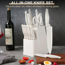 White all-in-one knife block set with upright knives, including a chef and paring knife