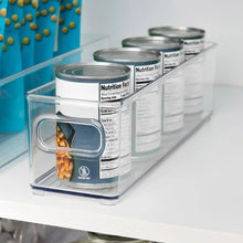 Clear kitchen storage bin with handle cutout, holding canned and boxed items
