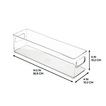 Clear kitchen bin with handles and ribbed base, 14.5 in by 4 in dimensions