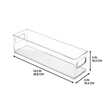 Clear rectangular kitchen storage bin with side handles and size measurements
