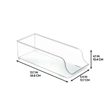 Clear kitchen storage bin with curved front edge and size measurements