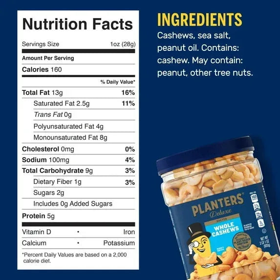 PLANTERS Deluxe Salted Whole Cashews, Party Snacks, Plant Based Protein, 33 oz Plastic Jar