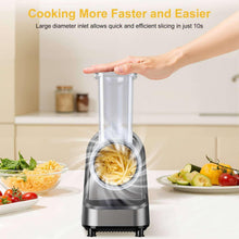 Electric cheese grater with transparent feed tube shredding vegetables into the bowl.