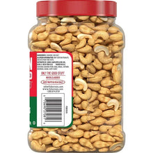 Jar of whole cashews with back ingredient panel, barcode, and serving info
