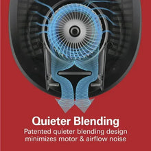 Quiet blender base with blue internal fan blades behind the jar