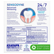 Sensodyne Advanced Whitening toothpaste box back with dual action whitening diagram.