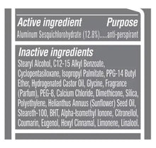 Antiperspirant product label showing active and inactive ingredients panel