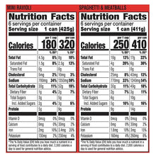 Chef Boyardee nutrition facts for mini ravioli and spaghetti & meatballs