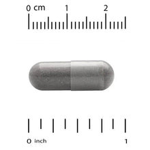 Ashwagandha extract capsule, dark gray, shown with size ruler markings