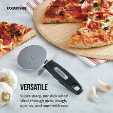 Stainless steel pizza cutter with black handle and silver cutting wheel for pizza