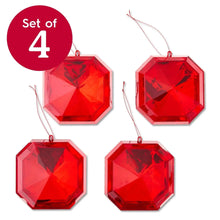 Set of four red faceted square gem Christmas ornaments with hanging loops