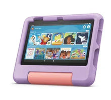 Purple kids tablet with screen in protective bumper case and pink bottom grip