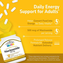 Niacinamide prolonged-release supplement marketing card with daily energy support for adults.